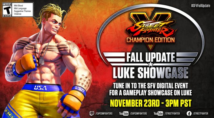 Le personnage additionnel de Street Fighter V Champion Edition Luke avec le logo du jeu et la mention Fall Update