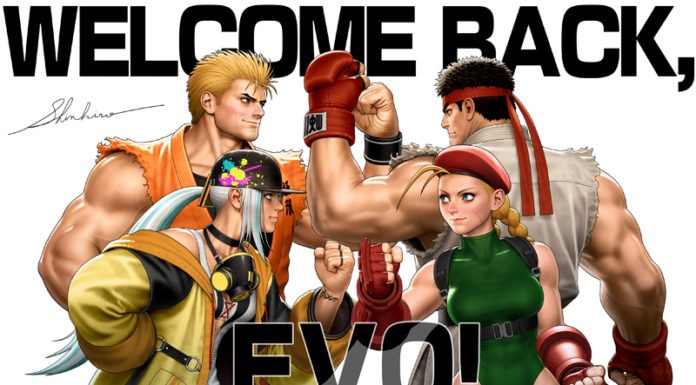 Deux personnages de Street Fighter et 2 personnages de KOF avec les mots Welcome Back inscrits