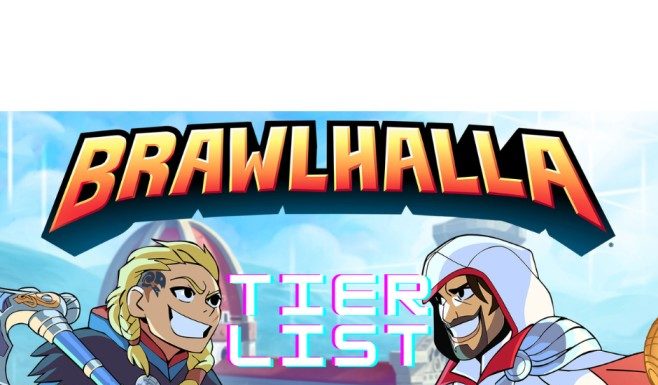 Le logo de Brawlhalla avec deux personnages et les mots tier list en dessous