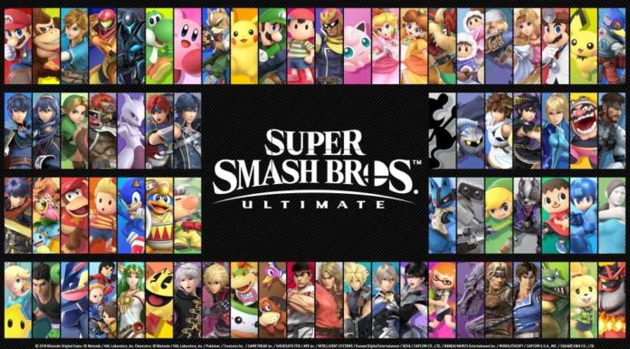 Les personnages de Super Smash Bros. Ultimate autour du logo du jeu